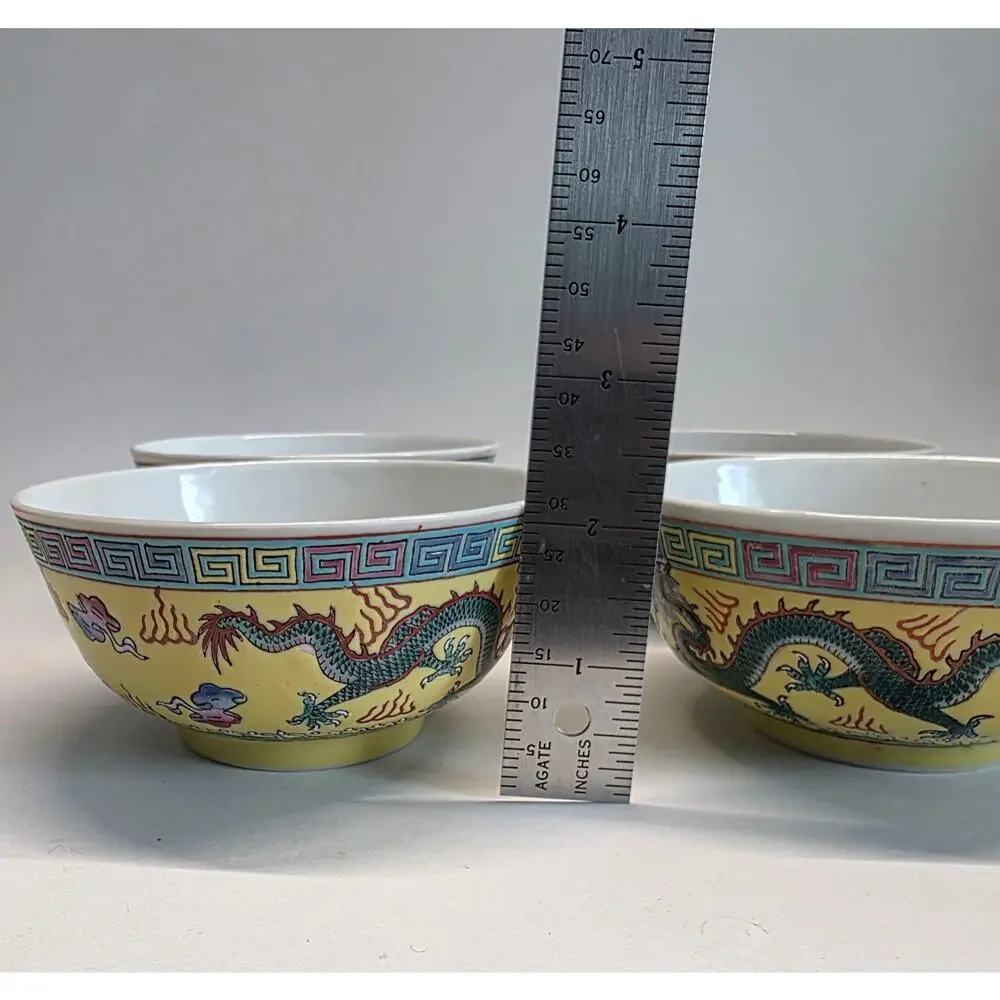 Vintage Set of 4 Chinese Yellow Dragon Porcelain Rice Soup Bowls 4.5